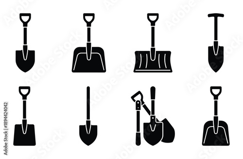 Set of black glyph vector icons of various shovel types, ideal for snow and garden work.