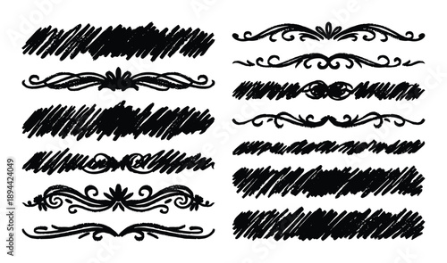 Set of black hand-drawn decorative dividers and borders with flourish elements and scribbles in grunge style