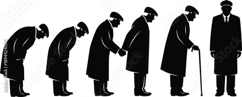 Aging man life stages silhouette sequence elderly growth timeline walking with cane vector illustration aging process concept