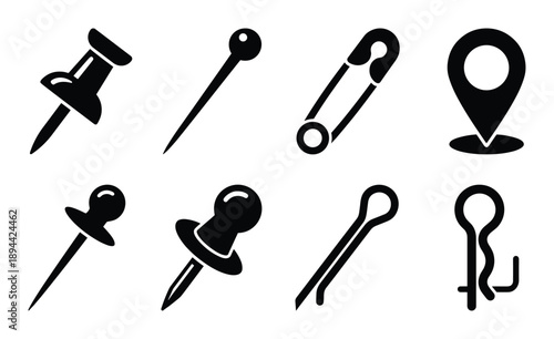 Set of different types of pins as glyph icons. Pushpin, sewing, safety, location, cotter pin.