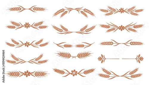 Set of decorative wheat floral elements. Wheat ears and flower ornaments for design and decoration.