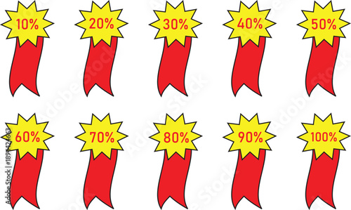Colorful discount badge set showing percentage sale labels from ten to one hundred percent. Bright starburst stickers with red ribbons highlight promotions and special offers. Perfect for ecommerce 