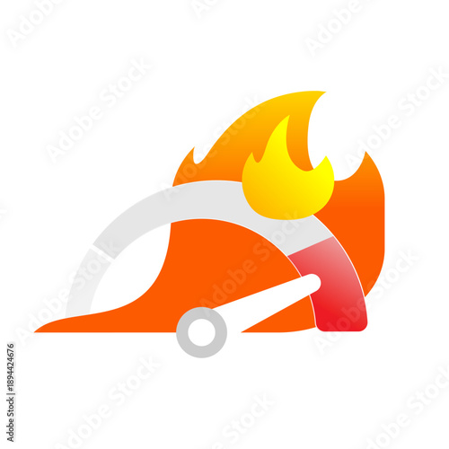 Vector illustration of speedometer pushed to the max with flames. extreme speed, unlimited performance, full power, maximum acceleration. concepts of fast technology, high performance, breaking limits