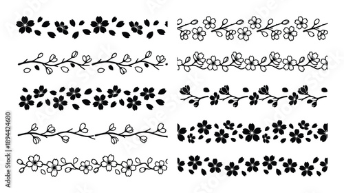 Set of floral pattern borders, cherry blossom decorative dividers and ornamental lines