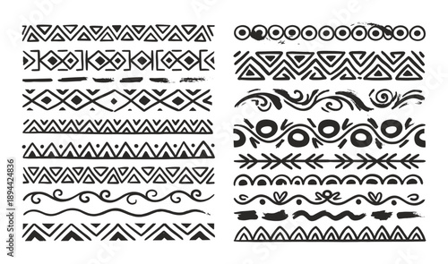 Set of hand-drawn black borders with tribal and ornamental patterns for decoration and creative projects
