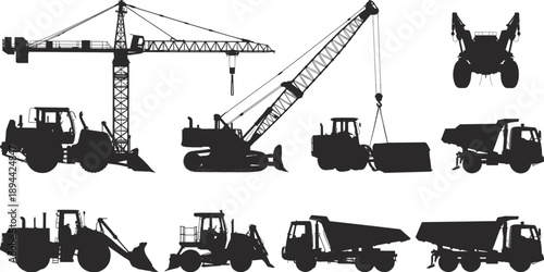 Heavy construction machinery silhouettes including excavator forklift tractor bulldozer dumper loader vehicles isolated on white background illustration