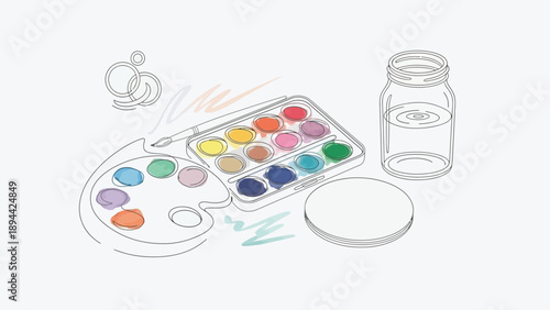 Watercolor painting tools for creative art hobbies in a simple line illustration.