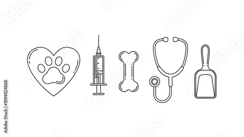 Collection of pet veterinary care line icons on white background.