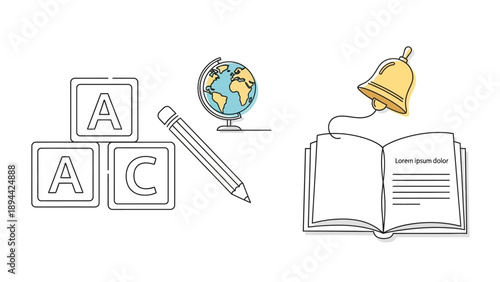 Back to school concept with educational icons on a white background.