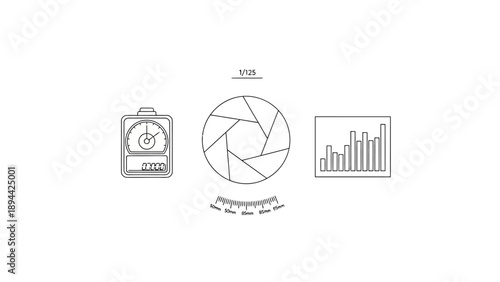 Photography technical icons: shutter speed, aperture, and focal length.