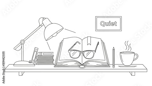 A desk with books, glasses, a lamp, and a cup of coffee.