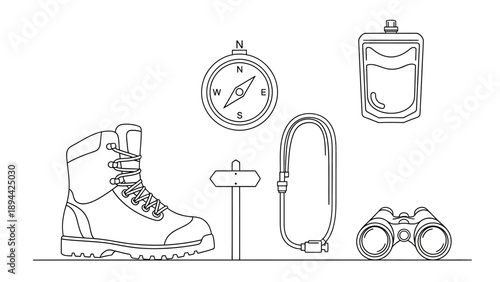 Outdoor adventure and hiking equipment flat vector illustration.