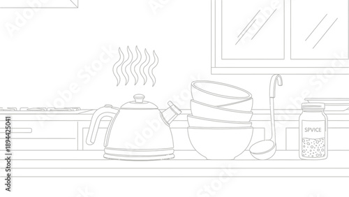 Kitchen counter with steaming kettle and cooking utensils line art