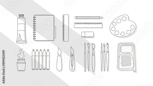 Graphic illustration of diverse art supplies and creative tools.