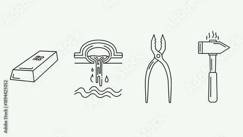 Metalworking process and tools line art illustration.