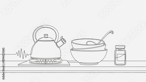 Minimalist line art of kitchen items: kettle, bowls, and jar.