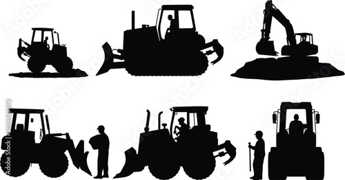 Heavy construction machinery silhouettes set, bulldozer excavator and loader equipment, industrial earthmoving vehicles illustration isolated on white background