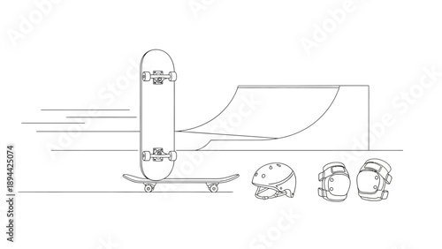 Skateboarding equipment and skate park illustration