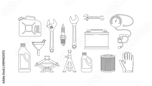 Line art icons of auto mechanic tools and vehicle maintenance supplies.