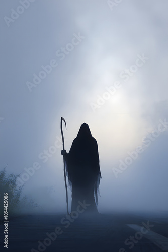 Grim Reaper Silhouette in Eerie Fog
