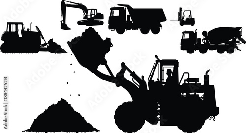 Heavy construction machinery silhouettes with excavator loader dump truck forklift bulldozer industrial equipment set isolated