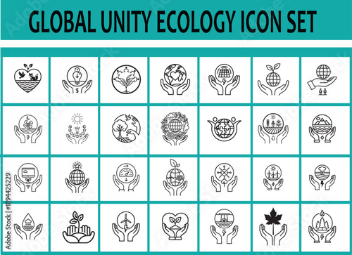 A comprehensive set of line art icons illustrating global unity and ecological responsibility, featuring hands nurturing plants, holding the Earth, and representing environmental protection and sustai
