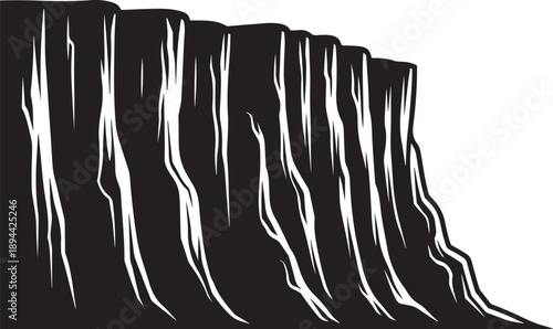 Black and White Cliffside with Jagged Rock Formations Illustration