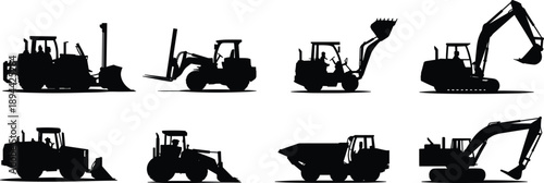 Heavy construction vehicles silhouettes collection, bulldozer excavator loader dump truck forklift machinery isolated on white background