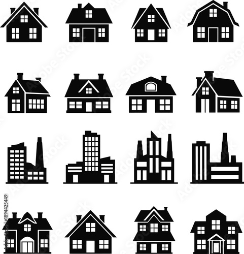 House and building silhouette icon set, residential homes and industrial factories, real estate architecture symbols isolated on white background