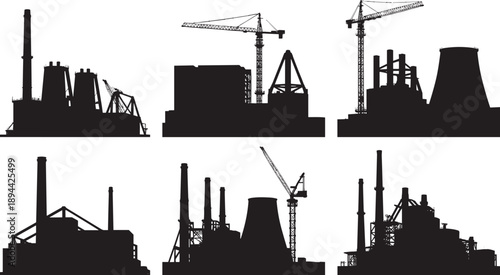 Industrial factory and construction site silhouettes with cranes smokestacks power plants, heavy industry infrastructure isolated on white background