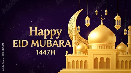 Happy Eid Mubarak Golden Mosque and Crescent Moon Islamic Celebration.