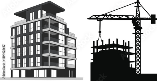 Modern apartment building illustration, construction site with tower crane silhouette, real estate development concept, architecture progress comparison, flat vector isolated on white