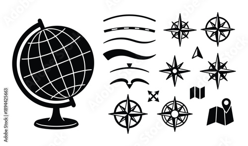 Set of travel icons including globe, compass, road map, bird, direction arrow, and route elements.