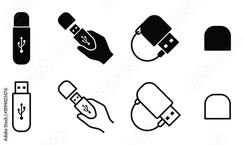Set of USB flash drive icons, solid and outline style. USB drive cap cover icons. black and white design.