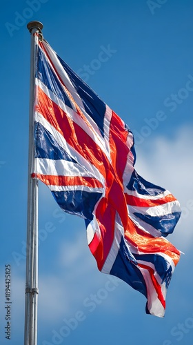 Wallpaper Mural The majestic national flag of the United Kingdom proudly unfurls on a tall flagpole, showcasing its vibrant colors against a serene clear blue sky, symbolizing national pride and heritage Torontodigital.ca