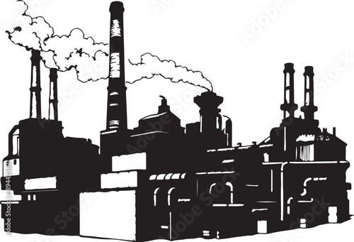 An industrial factory silhouette features a refinery plant with smoking chimneys against an urban city sunset skyline in this vector illustration of power and energy architecture