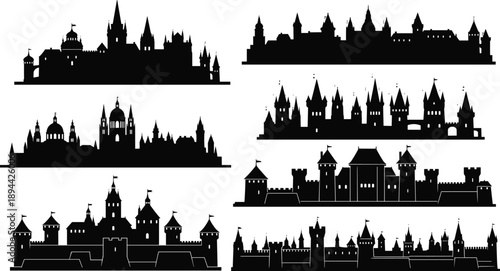 Collection of Black Medieval Castle Silhouettes Featuring Various Fortress Designs with Towers Turrets and Flags for Fantasy Games Fairytale Kingdoms and Historic Landmark Projects,