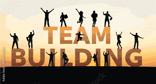 Collection of Diverse Business Professional Silhouettes Celebrating on Large Team Building Text Over a Golden Sunset Background for Corporate Success and Workplace Motivation