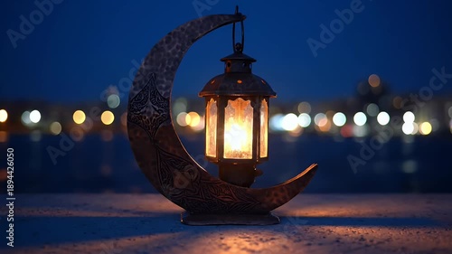 Ramadan lantern on a crescent moon with bokeh lights at night.