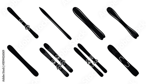 Ski silhouettes set showcasing various ski types and bindings, for sports and winter activities design.