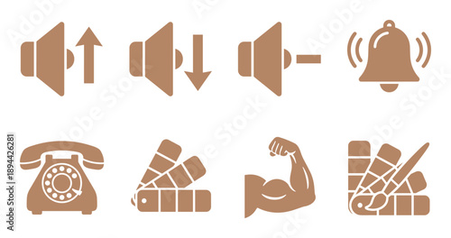 Speaker volume control, vintage phone, and color palettes glyph vector icons set isolated. Art and design