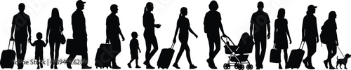 Collection of Diverse People Silhouettes Walking with Luggage Strollers and Dogs Representing Travel Tourism Commuting and Airport Terminal Pedestrians in an Urban Lifestyle Setting