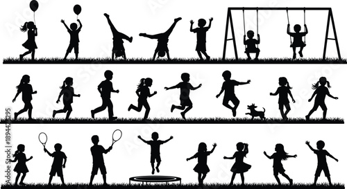 Collection of Diverse Children Silhouettes Playing on Swings Jumping on Trampolines Running and Doing Gymnastics for Playground Summer Camp Education and Active Childhood Lifestyle