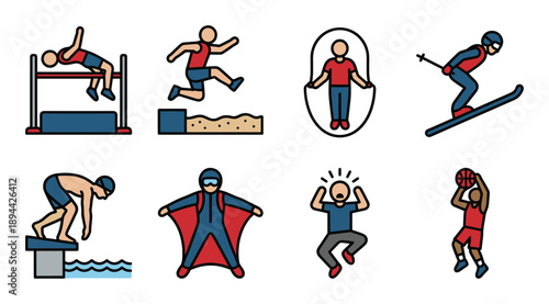 Sports icons, colorful flat design. High jump, long jump, jump rope, skiing, diving, wingsuit, shock, basketball.