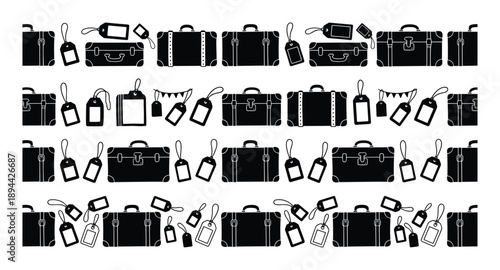 Suitcase silhouettes and luggage tags create a pattern, for travel, vacation, and baggage design element.