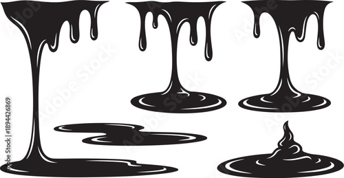 Black liquid drips and spills on white background illustration