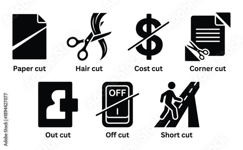 Types of cuts glyph icons: paper, hair, cost, corner, out, off, short. Conceptual vector illustration.