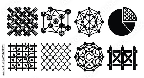 Variety of black lattice, woven, crystal structure, chart, and fence glyphs. Simple graphic design.