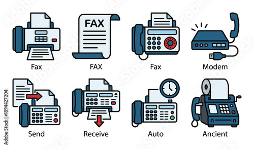 Variety fax machine vector icons: modern, ancient, auto, send, receive, modem. Different styles available.