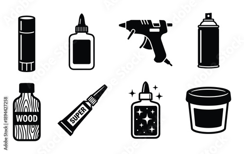 Variety of glues icons: glue stick, wood glue, super glue, hot glue gun, and spray adhesive cans illustration.